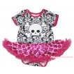 Halloween Damask Baby Bodysuit Hot Pink White Quatrefoil Clover Pettiskirt & White Skeleton Print JS4585